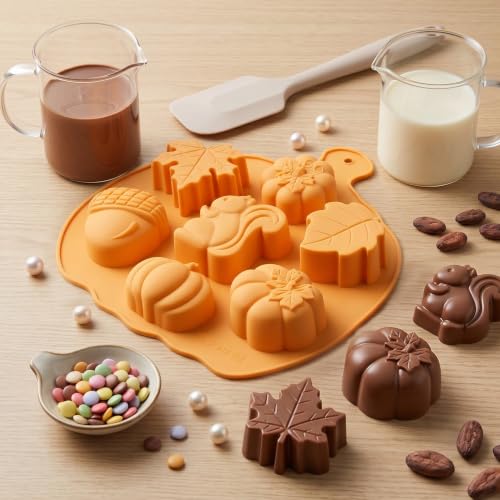 Fall Harvest Silicone Chocolate Molds - 7 Cavity Pumpkin Squirrel Leaf Acorn
