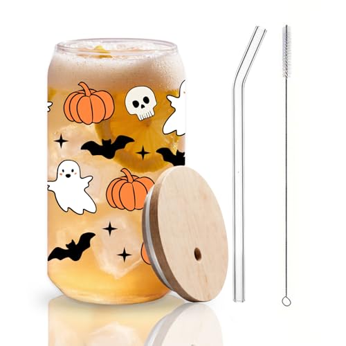 Halloween Ghost & Bat Glass Cup - 31oz Iced Coffee Tumbler with Lid & Straw