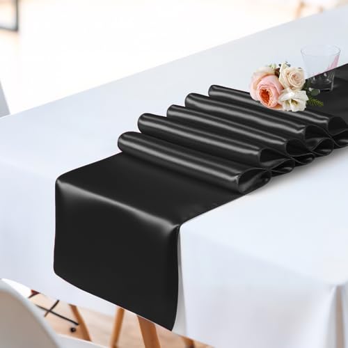 Black Satin Table Runner 12x108 Inches - 10 Pack for Weddings & Events - Variation of 10