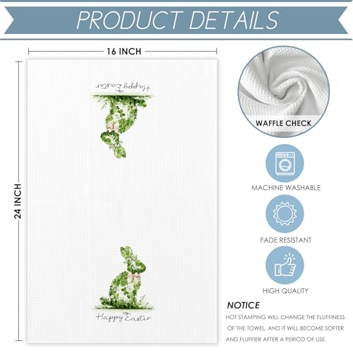 Green Bunny Easter Kitchen Dish Towels - Farmhouse Spring Hand Towels, 16x24 Inches
