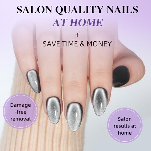 Herlight Graphite Pulse Black Cat Eye Reusable Press On Nails - Almond, Silver Shimmer, Short Style