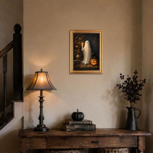 Ghost Holding Candle Wall Art Canvas - Vintage Halloween Gold Frame, 16x12 Inches - Ghost & Black Cat Scene