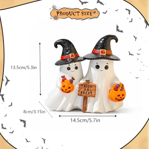 Halloween Cute Ghost Figurine with Pumpkin Candy Bucket - Black Hat Variation