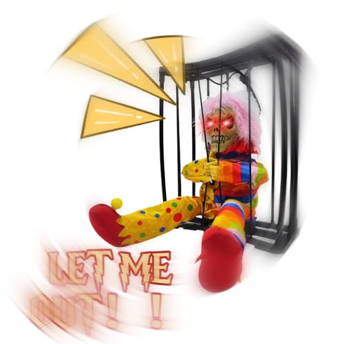 Lighted Evil Clown in Cage Halloween Hanging Decoration with Motion Sensor - Creepy Haunted Horror Prop - Clown Variation