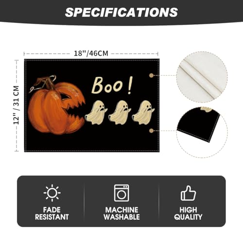 Black Rectangular Halloween Ghost Placemats Set of 4 - 12 x 18 Inches
