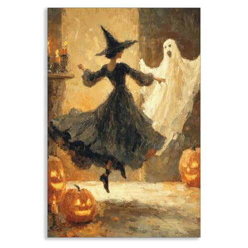 Halloween Witch & Ghost Canvas Wall Art - Unframed 8x12in Moody Gothic Decor - Dancing Witch & Ghost Variation