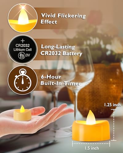 Battery Operated Flickering Tea Lights with Timer - Ring Edge, Warm Yellow Glow, Ivory Base, 12 Pack