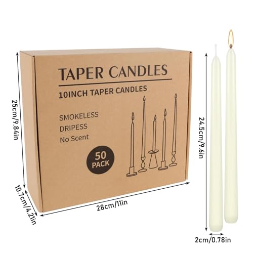10-Inch Ivory Taper Candles - 50 Pack Dripless Unscented Dinner Candles Variation of THIS listing