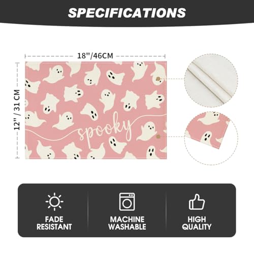 Pink Ghost Halloween Placemats Set of 4 - 12 x 18 Inch Rectangular, Spun Polyester