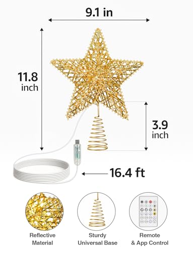 Gold Christmas Tree Topper Star with RGB LED Lights, 9 Inch Smart Remote & App Control