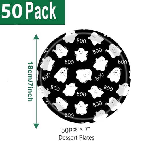 Halloween Ghost and Pumpkin Paper Plates 7 Inch - White, 50 Pack