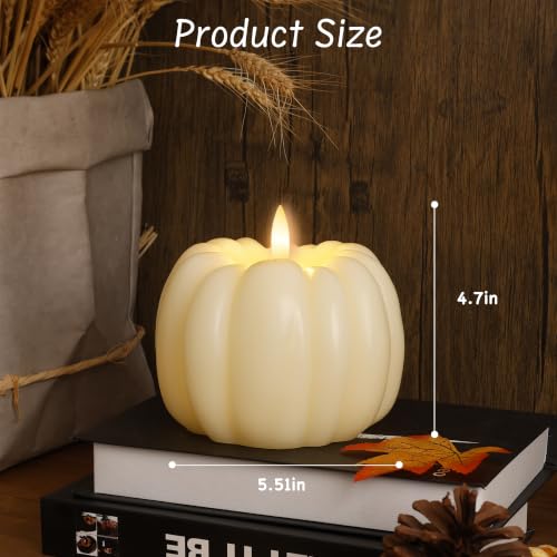 White Flameless Pumpkin Candle with Remote & Timer - Fall Decor, Real Wax, 3D LED Flame, Harvest