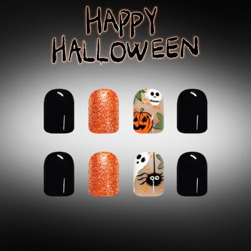 Halloween Press On Nails Short Square Gel Polish Set - Orange Black Skeleton Ghost Spider Glitter 24 pcs - Variation 3