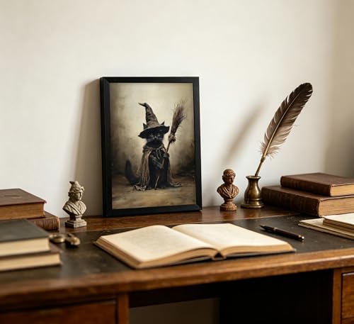 Framed Gothic Witch Black Cat Wall Art - Vintage Halloween Canvas Print - 10 x 8 Inches