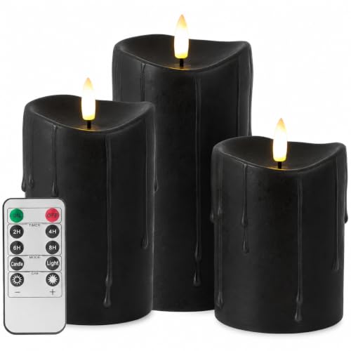 Velsyn Black Flameless Pillar Candles with Remote Set of 3 - Halloween Decor