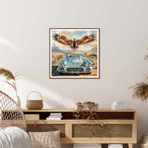 Diamond Painting Kit with Eagle and Car Design - 12x12 Inches, Full Craft Set