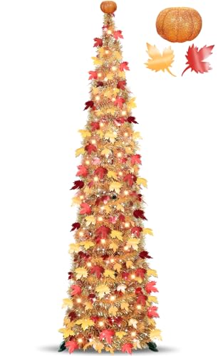 6FT Fall Pop Up Tinsel Tree with Lights - Battery Operated Autumn Decor