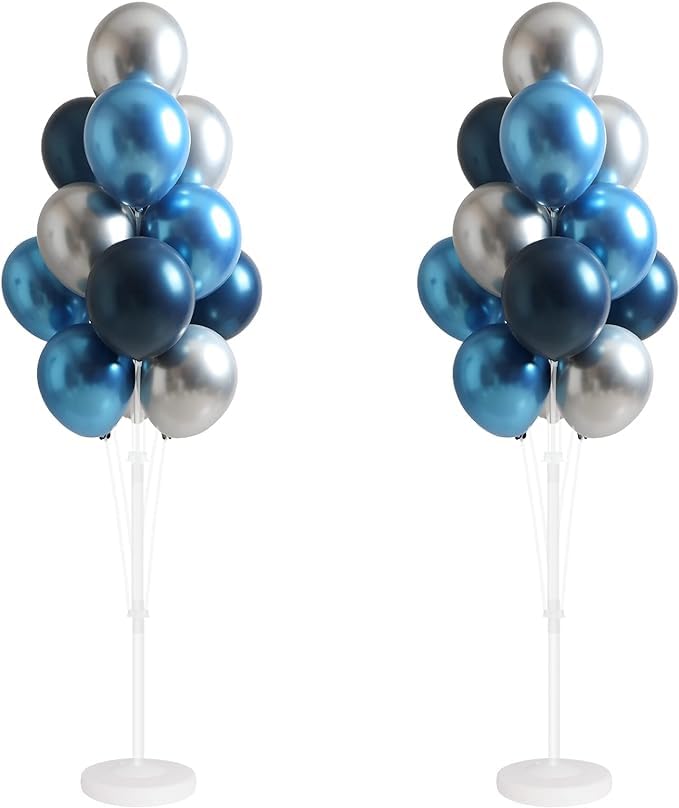 Blue Silver Floor Balloon Column Kit for Parties - 62 Inch Balloon Tower & Backdrop