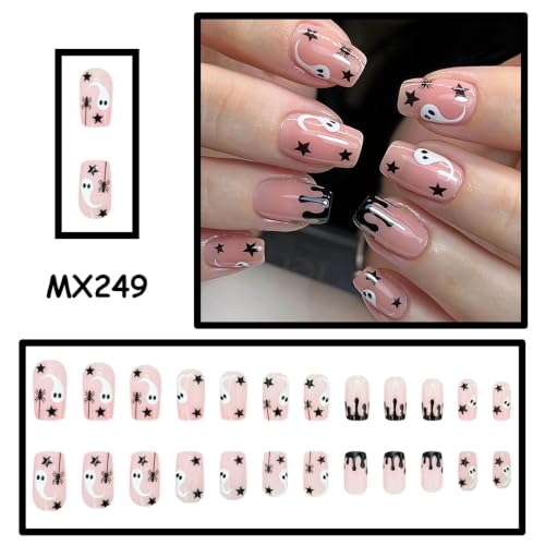 Halloween Press On Nails - Medium Square Ghost Spider Star Style-45