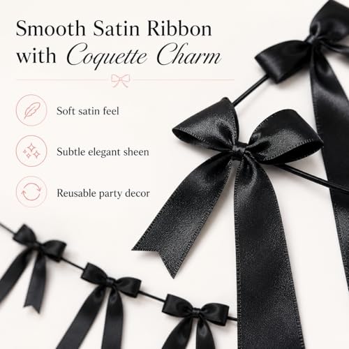 Black Satin Bow Garland Banner - 2 Strings with 16 Large Bows, Ready to Hang