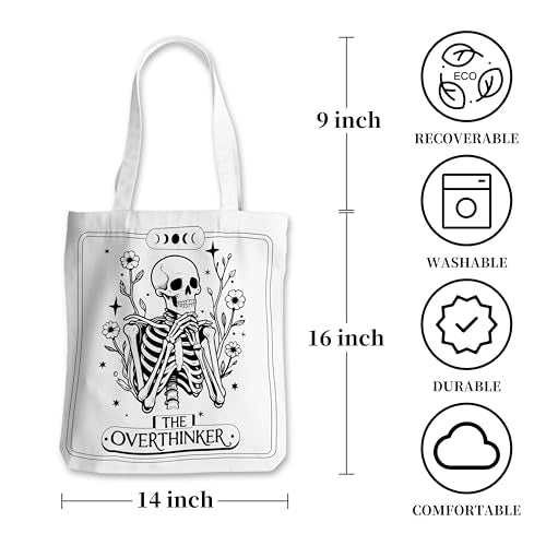 Grace Yonks Cute Canvas Tote Bag - The Overthinker Skeleton Reusable Bag