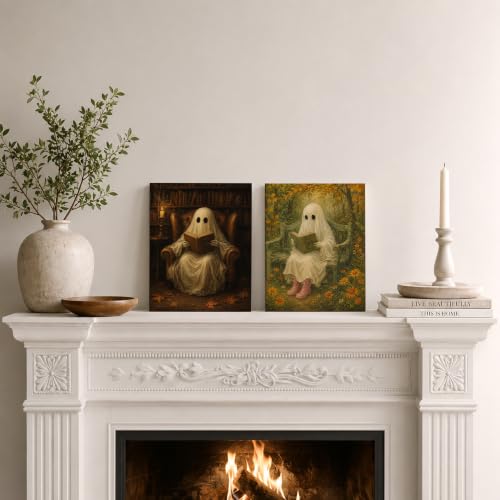 Ghost Reading Book Wall Art Decor Set of 4 - Halloween Fall Whimsical 8x10 Inch