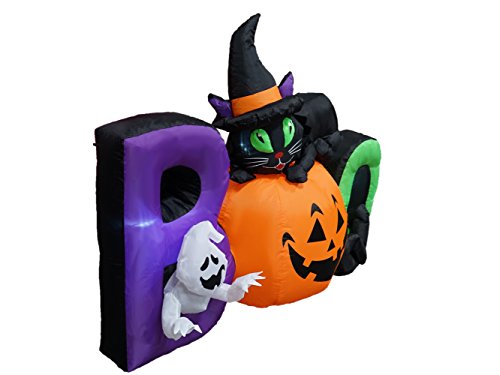 6 Ft Lighted Halloween Inflatable Black Cat with Ghost and Pumpkin Scene