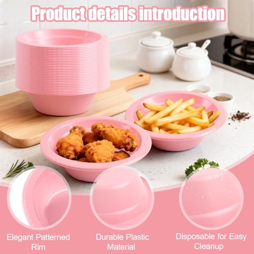 Pink Disposable Plastic Bowls (100 Pcs) - 12oz Party, Salad, Dessert, Picnic