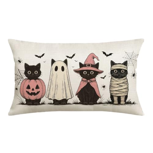 Halloween Pillow Cover 12x20 Black Cats Bats Autumn Decor - Pink & Black Variation