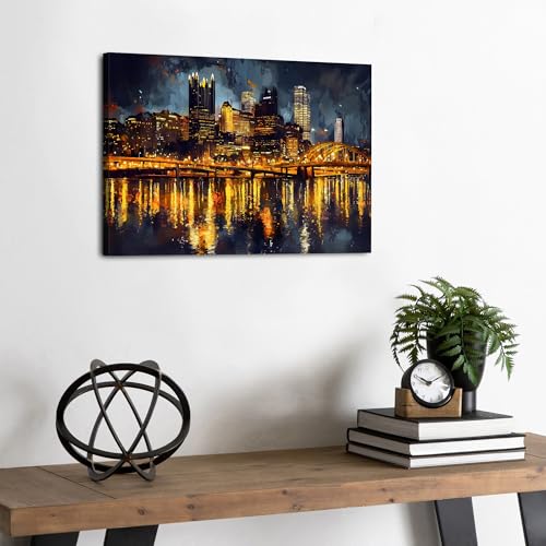 Pittsburgh Skyline Wall Art Canvas Print - Night Cityscape Panorama, 16x12 Inches, Modern Home Decor