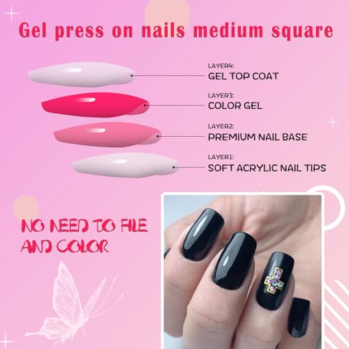 AddFavor Black Medium Square Press-On Nails Set with Adhesive - 240 pcs