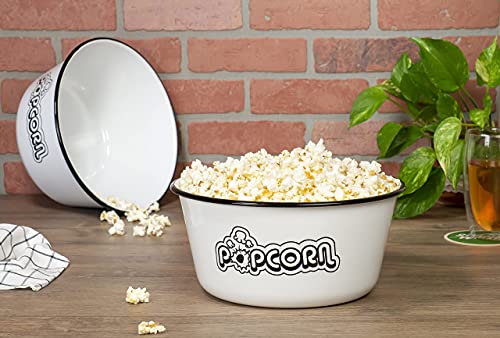 Set of 2 Enamelware Large Mixing & Serving Bowls 4 Quart White Black Rim