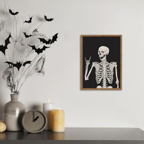 Halloween Skeleton Wall Art Framed Canvas 12x16 Inches Gothic Home Decor - Black Skull Skeleton - Variation B