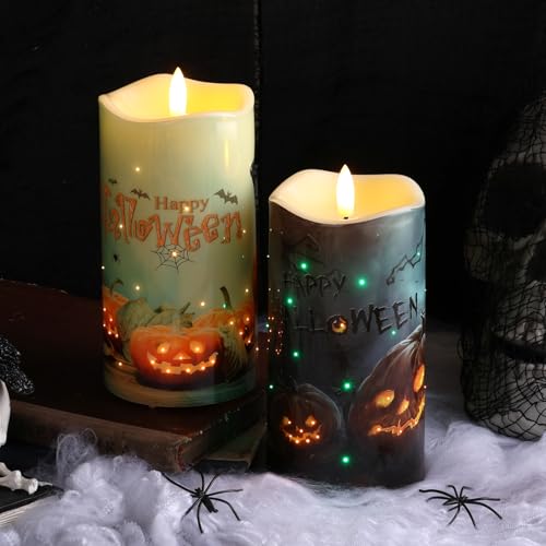 Halloween Pumpkin Fiber Optic Flameless Candles with Remote Control - Set of 2