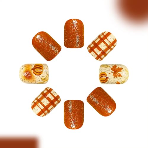 Fall Press on Nails Pumpkin Acrylic Nails Short Square Brown 26Halloween-Brown-1