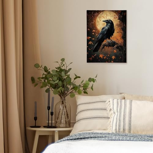 Fall Gothic Raven Wall Art - Crow Canvas Print, Framed Halloween Decor 11x14