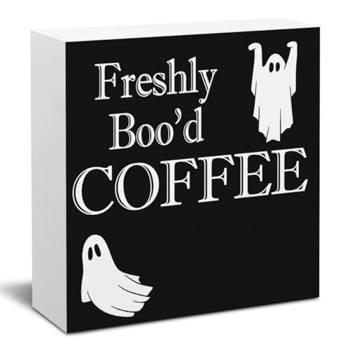 Fall Wooden Sign Decor - Rustic Halloween Pumpkin Ghost & Maple Leaves - 5x5 Inch
