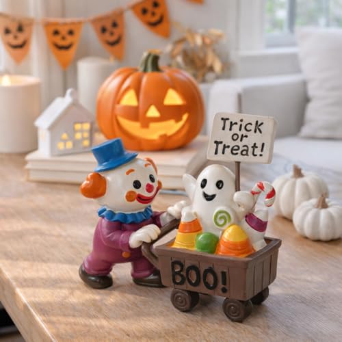 Hand-Drawn Halloween Clown Figurine with Candy Cart - Indoor Decor