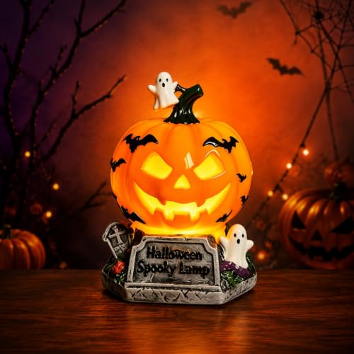 Halloween Pumpkin Lantern - Stained Glass Ghost & Bat Design - USB Powered - Pumpkin Tombstone Variation