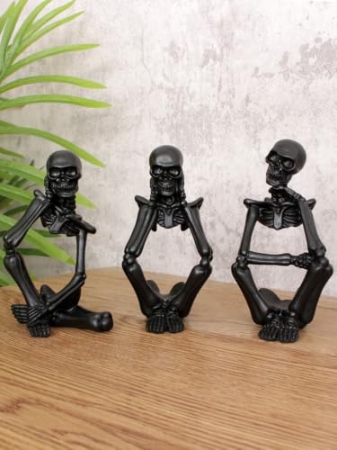 Black Skeleton Decor Set of 3 - Gothic Thinker Skeleton Figurines for Home & Halloween Decor