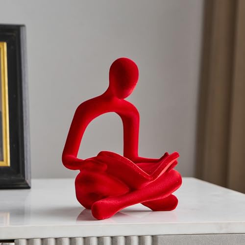 Red Flocked Thinker Statue Decor - Modern Abstract Reading Figurine for Living Room & Office - Gift for Book Lovers