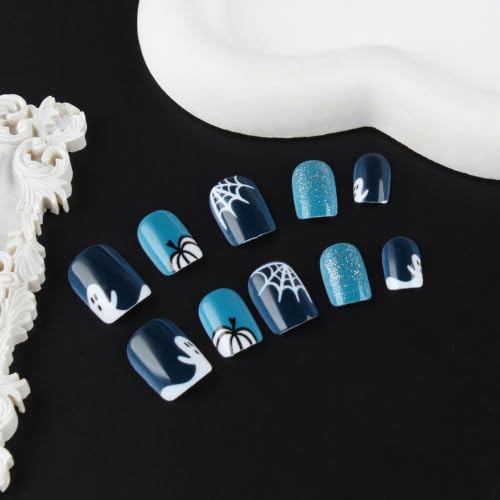Halloween Short Square Press On Nails with Ghost Pumpkin & Web Design - Blue Glitter Full Cover Reusable 24Pcs - Variation: Color33