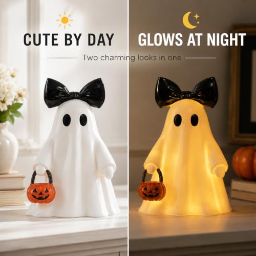 Large 14-Inch Lighted White Ghost Figurine with Pumpkin Lantern & Remote Timer - Halloween Decor Variation of Ghost with Pumpkin-White