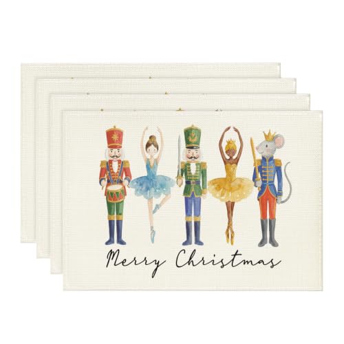 Watercolor Nutcracker Xmas Placemats Set of 4 - Holiday Table Decor 12x18 Inch