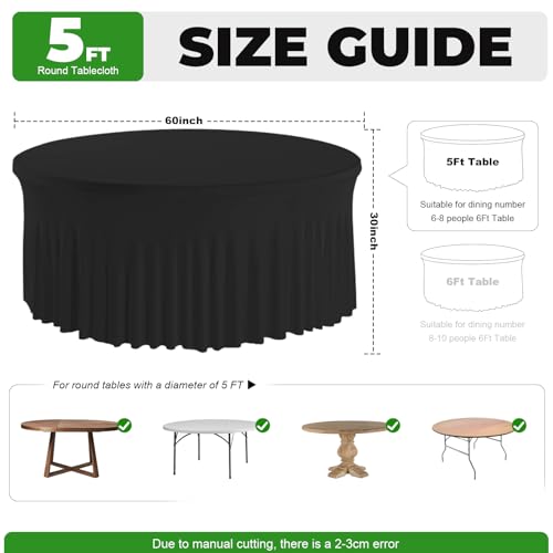Black 5ft Round Spandex Tablecloth with Skirt - 60 Inch Fitted Wrinkle-Free Cover for Wedding & Events - 2 Pack