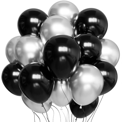 Black Silver Balloons Set - 12 Inch, 100 Pack with Ribbons - Variation of Black Silver