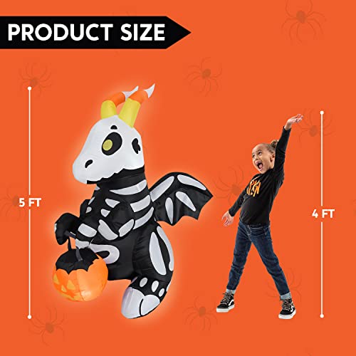 Halloween Inflatable Skeleton Dragon Light Up Yard Decor - 5 FT Tall, Outdoor Blow Up Decoration with LEDs & Stakes - Skeleton Dragon Variation