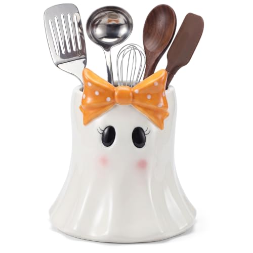 White Ceramic Ghost Utensil Holder - Halloween Kitchen Decor & Organizer - Ghost Bow Variation