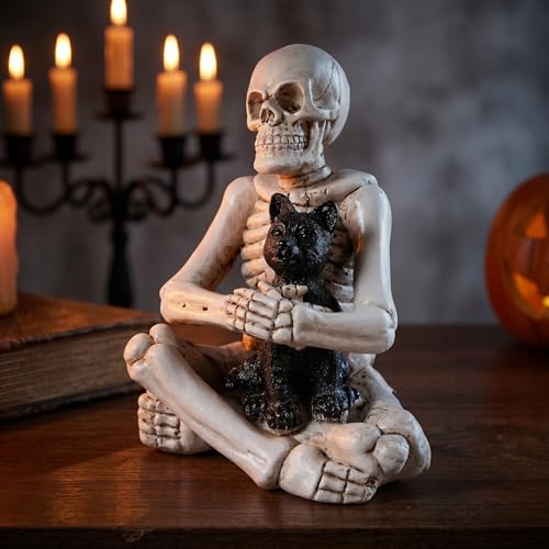 Gothic Halloween Skeleton with Dog Figurine - Spooky Home Decor, Skeleton Decorations