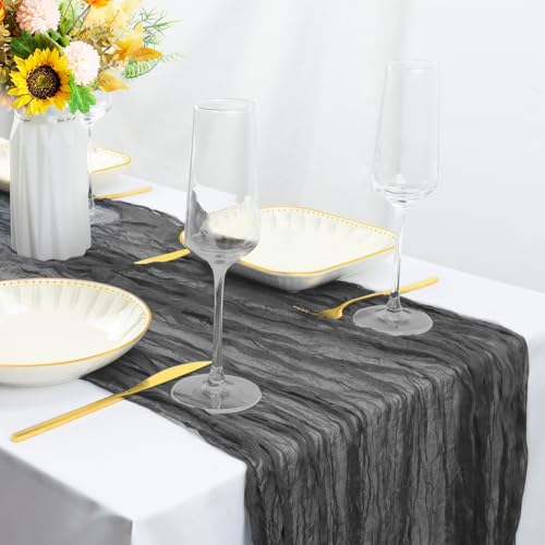 Black 35x120 Inch Boho Cheesecloth Table Runner - 4 Pack for Wedding & Party Decor